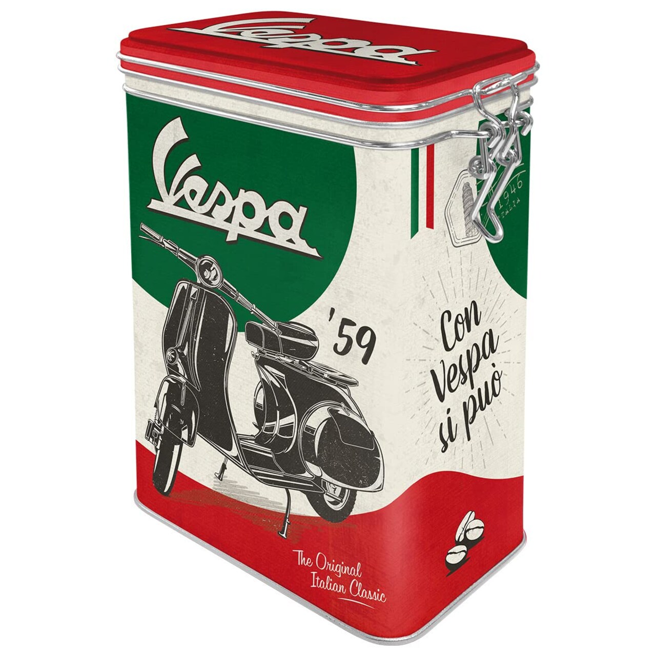 Nostalgic-Art Retro coffee tin box, 44 oz, Vespa – The Italian Classic – Gift idea for scooter fans, Official License Product (OLP), metal clip top can, vintage design